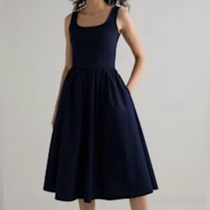 Quince Cotton Mixed Media Tank Dress Elegant Navy Blue Midi Dress